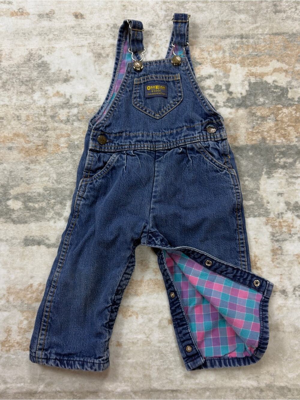 Vtg Oshkosh B’Gosh Denim  Overalls Baby Infant  USA Pastel Plaid Lined 24M